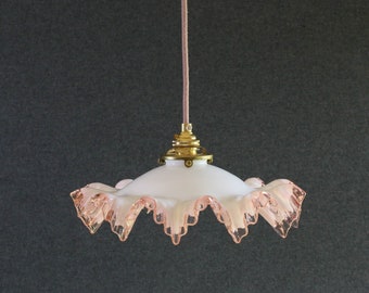 Antique french ceiling light in white and rose translucid glass, french pendant lamp - circa 1930