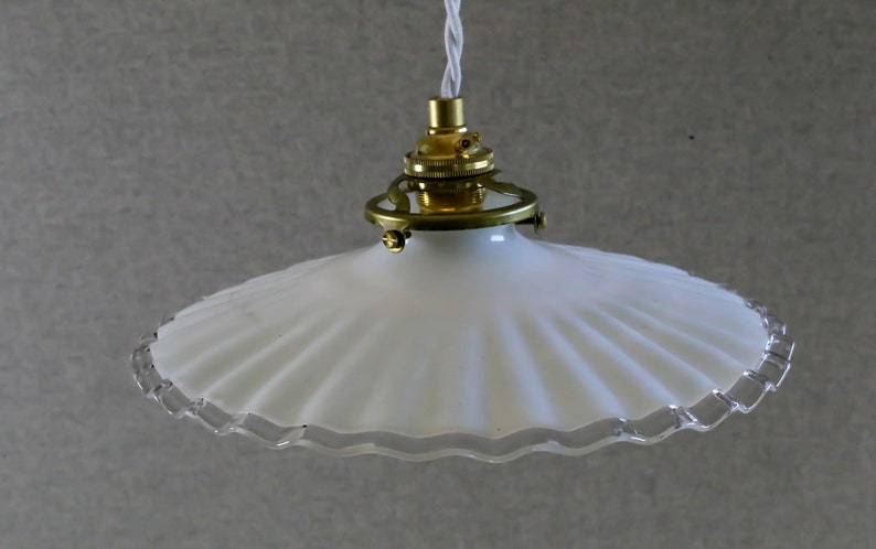 Antique french ceiling light in white pleated glass, french pendant lamp new brass holder and socket new electric cable image 7