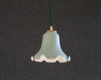 Antique french ceiling light in green and gold painted glass, french pendant lamp - old flower model- art deco design