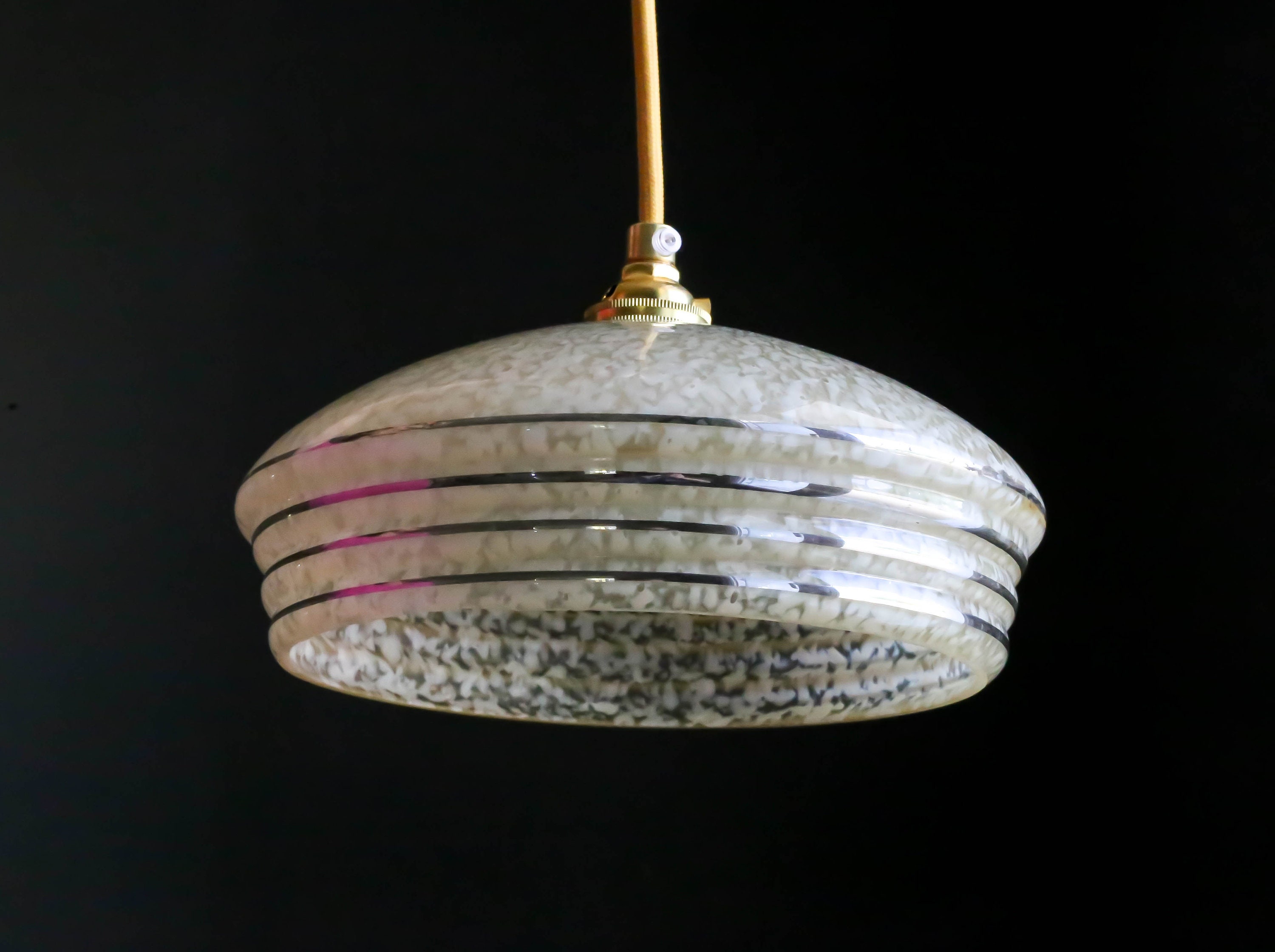 Antique French Ceiling Light in Yellow Pale Glass With Silvered Nets, Pendant Lamp - Circa 1950