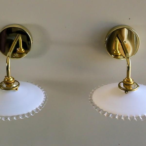 A set of 2 antique french wall mounted sconces lights in white glass, french wall lamps - opaline white lights - new brass holder and socket