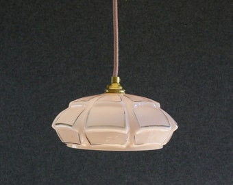 Antique french ceiling light in yellow pale glass in a moulded decor, french pendant lamp - circa 1940