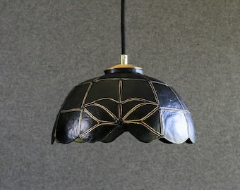 Vintage french handmaded ceiling light in mother of pearl upcycled in black paint , french pendant lamp - circa 1950