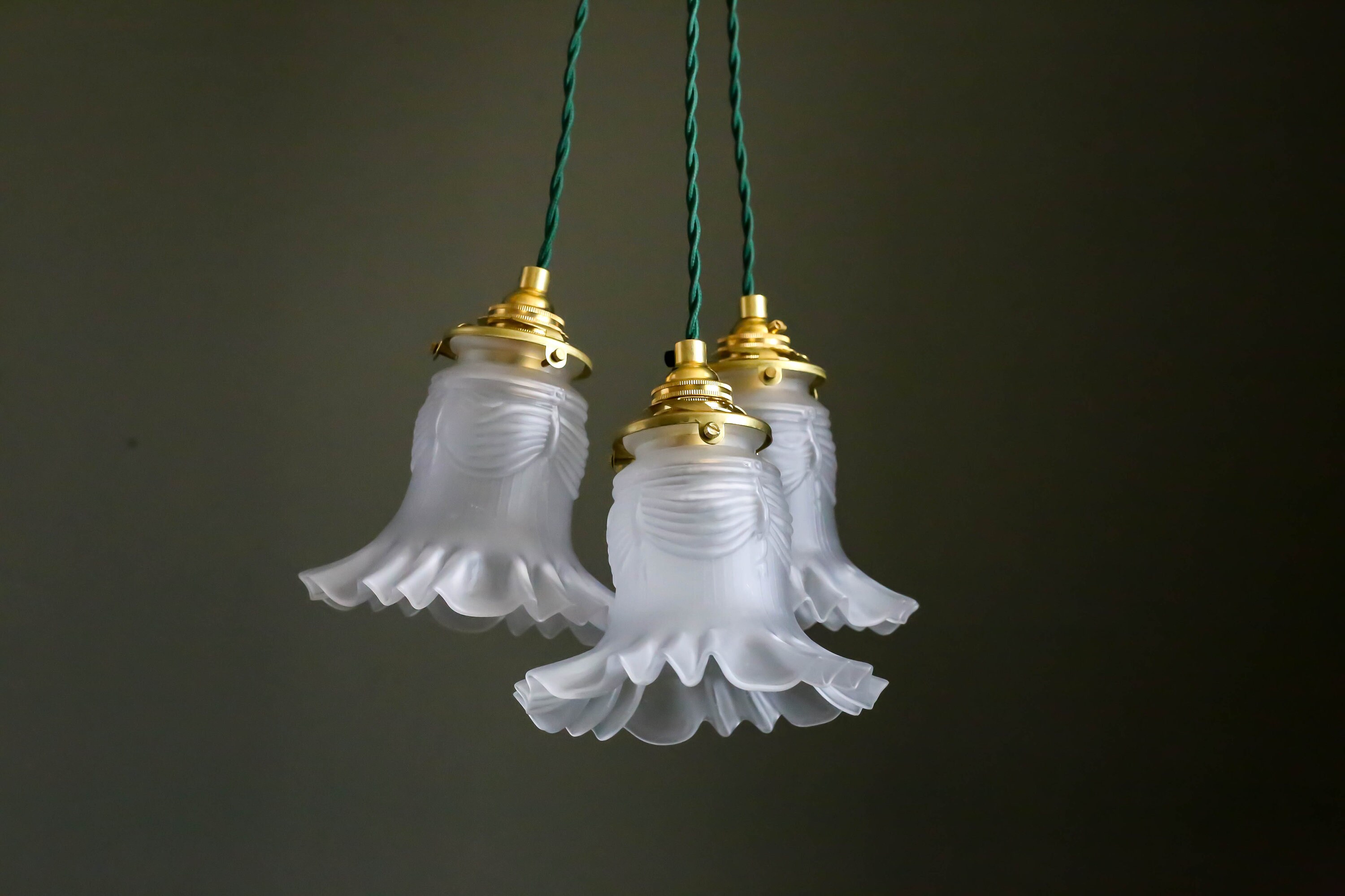A Set Of Three Antique French Ceiling Light in Opalescent Glass, Pendant Lamp - Art Deco Design