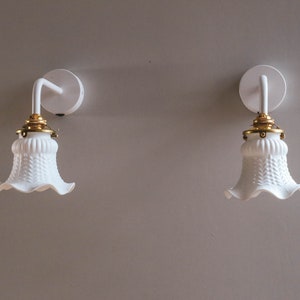 A set of 2 antique french wall mounted sconces lights in white painted glass, wall lamps - tulip white lights - new brass holder and socket
