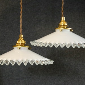 A set of 2 antique french ceiling lights in white folded glass, french pendant lamps opaline lights new brass holder and socket image 2