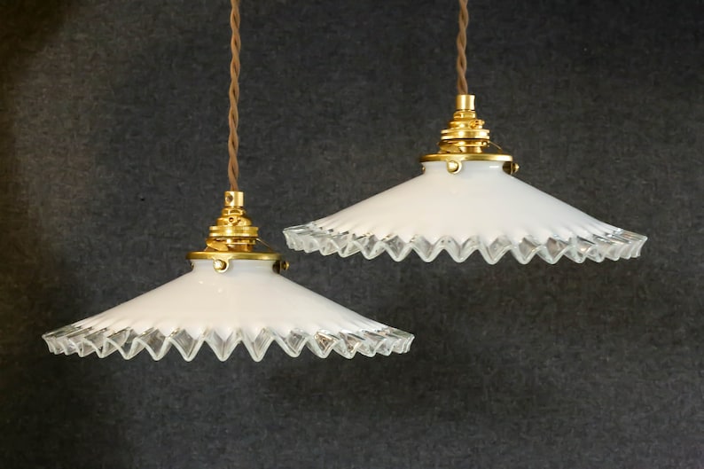 A set of 2 antique french ceiling lights in white folded glass, french pendant lamps opaline lights new brass holder and socket image 2