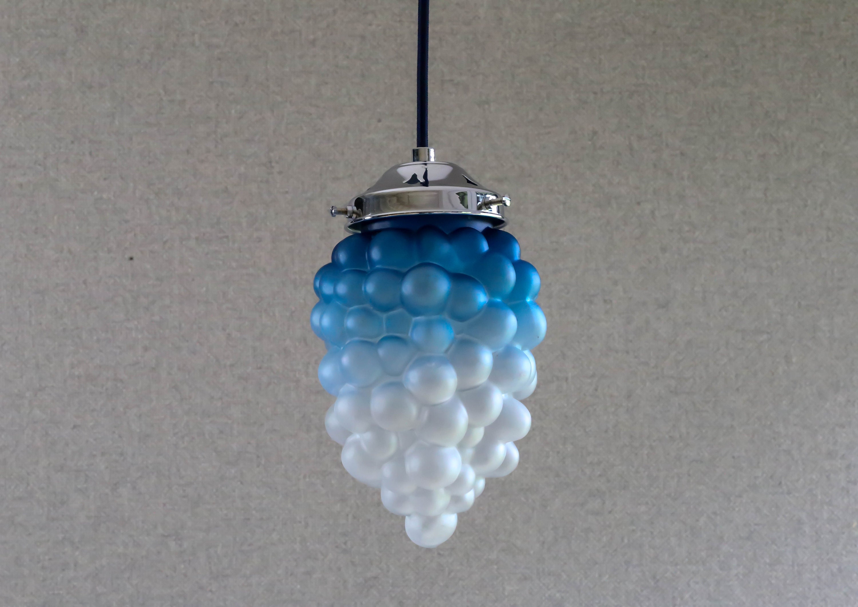 Antique French Ceiling Light in Translucent Blue & White Glass, Pendant Grape Lamp - Early Century R