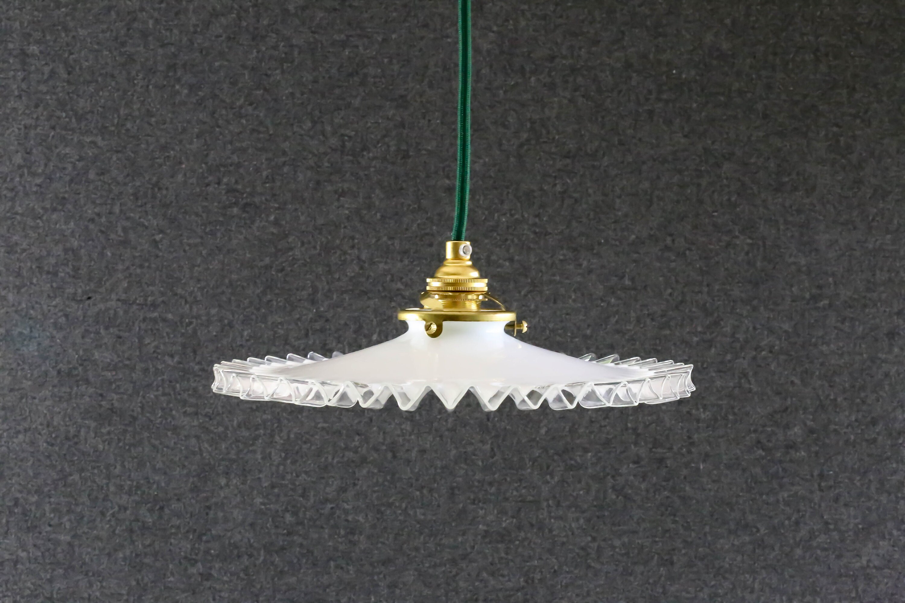 Antique French Ceiling Light in White Glass, Pendant Lamp - Opaline New Brass Holder & Socket Electr