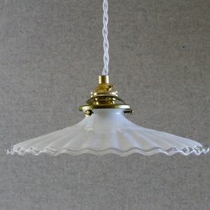 Antique french ceiling light in white pleated glass, french pendant lamp new brass holder and socket new electric cable image 1
