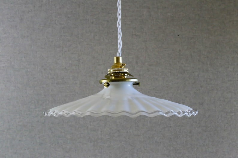 Antique french ceiling light in white pleated glass, french pendant lamp new brass holder and socket new electric cable image 1