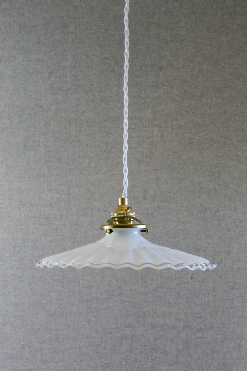 Antique french ceiling light in white pleated glass, french pendant lamp new brass holder and socket new electric cable image 9