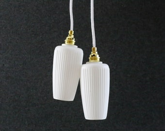 A set of 2 vintage french ceiling light in white glass, french pendant lamp - circa 1950