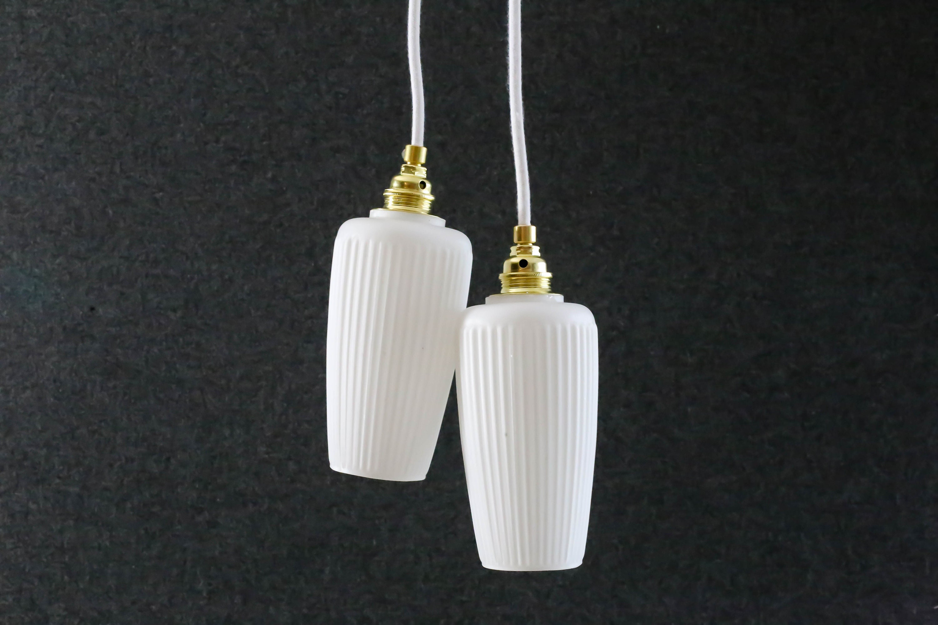 A Set Of 2 Vintage French Ceiling Light in White Glass, Pendant Lamp - Circa 1950