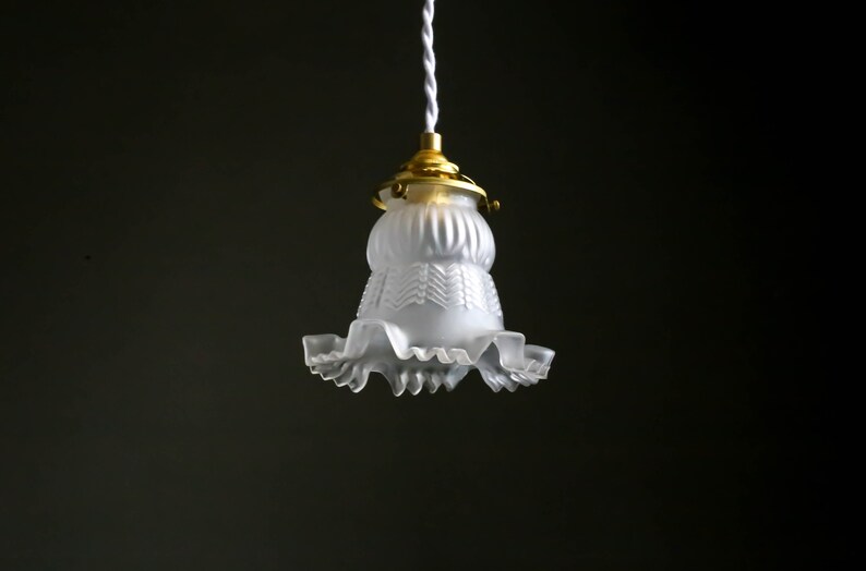 Antique french ceiling light in white transparent glass, french pendant lamp old tulip model art deco design image 4