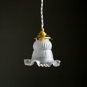Antique french ceiling light in white transparent glass, french pendant lamp old tulip model art deco design image 2