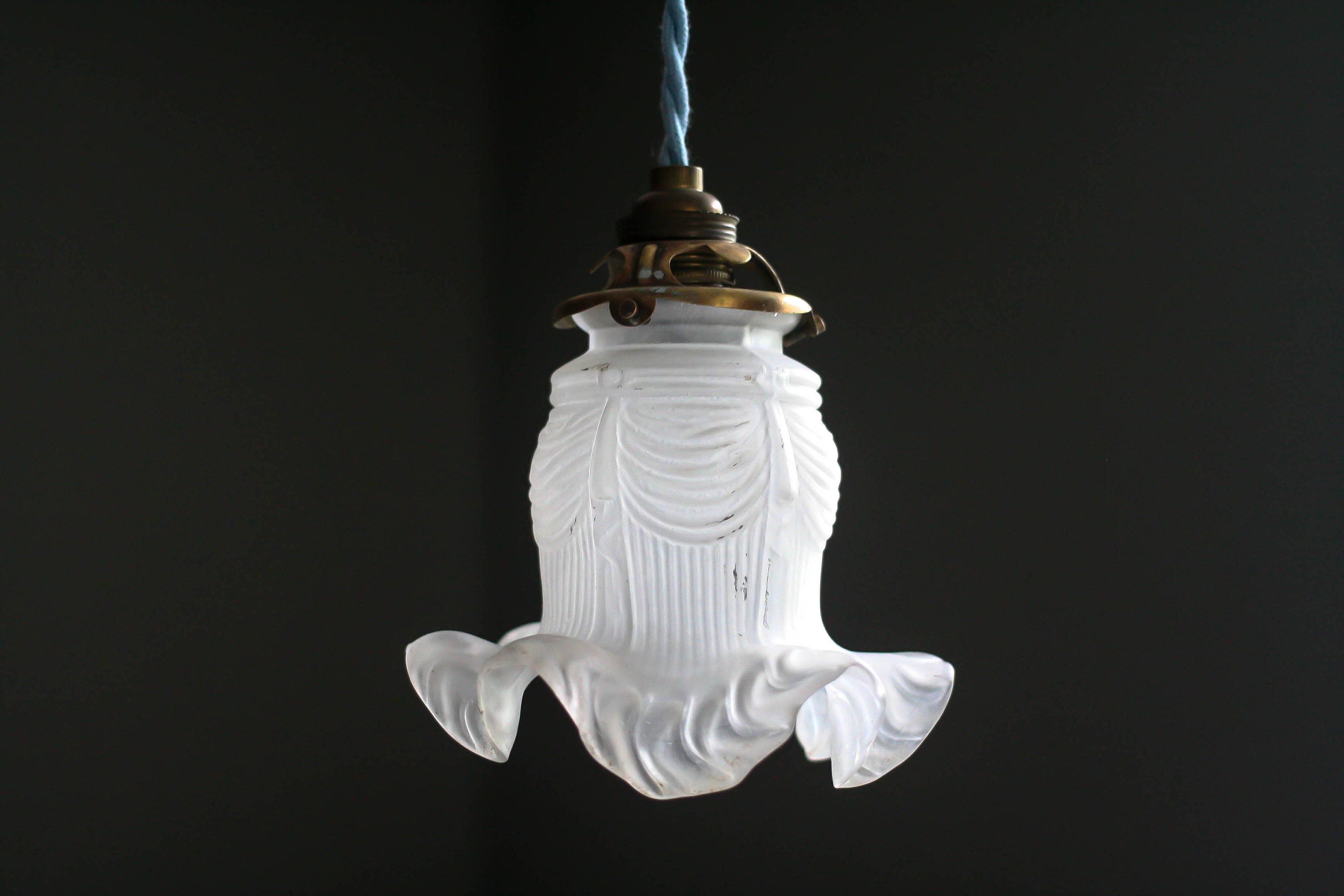 Antique French Ceiling Light in White Transparent Glass, Pendant Lamp - Old Tulip Model- Art Deco De