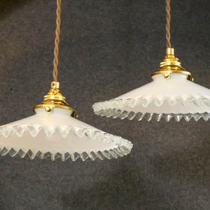 A set of 2 antique french ceiling lights in white folded glass, french pendant lamps opaline lights new brass holder and socket image 4