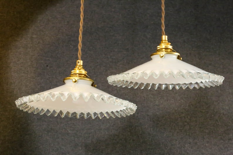 A set of 2 antique french ceiling lights in white folded glass, french pendant lamps opaline lights new brass holder and socket image 4