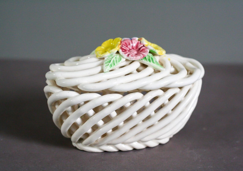 vintage french ceramic porcelain interlaced basket antique holder image 4