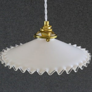 Antique french ceiling light in white glass, french pendant lamp - new brass holder and socket  - new electric cable