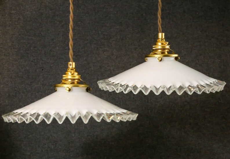 A set of 2 antique french ceiling lights in white folded glass, french pendant lamps opaline lights new brass holder and socket image 1