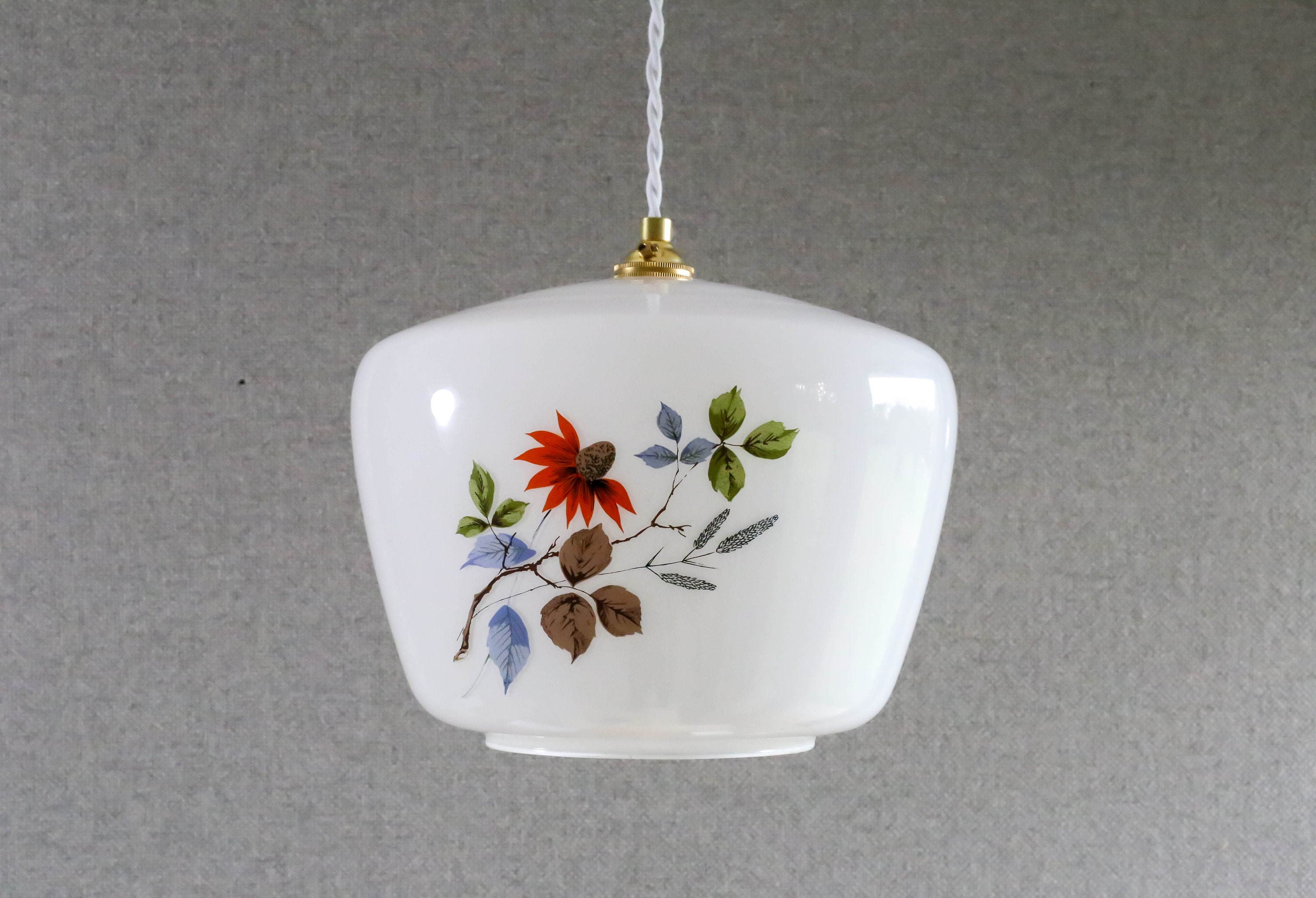 Antique French Ceiling Light in White Glass With A Flowered Decor, Pendant Lamp - Circa 1950