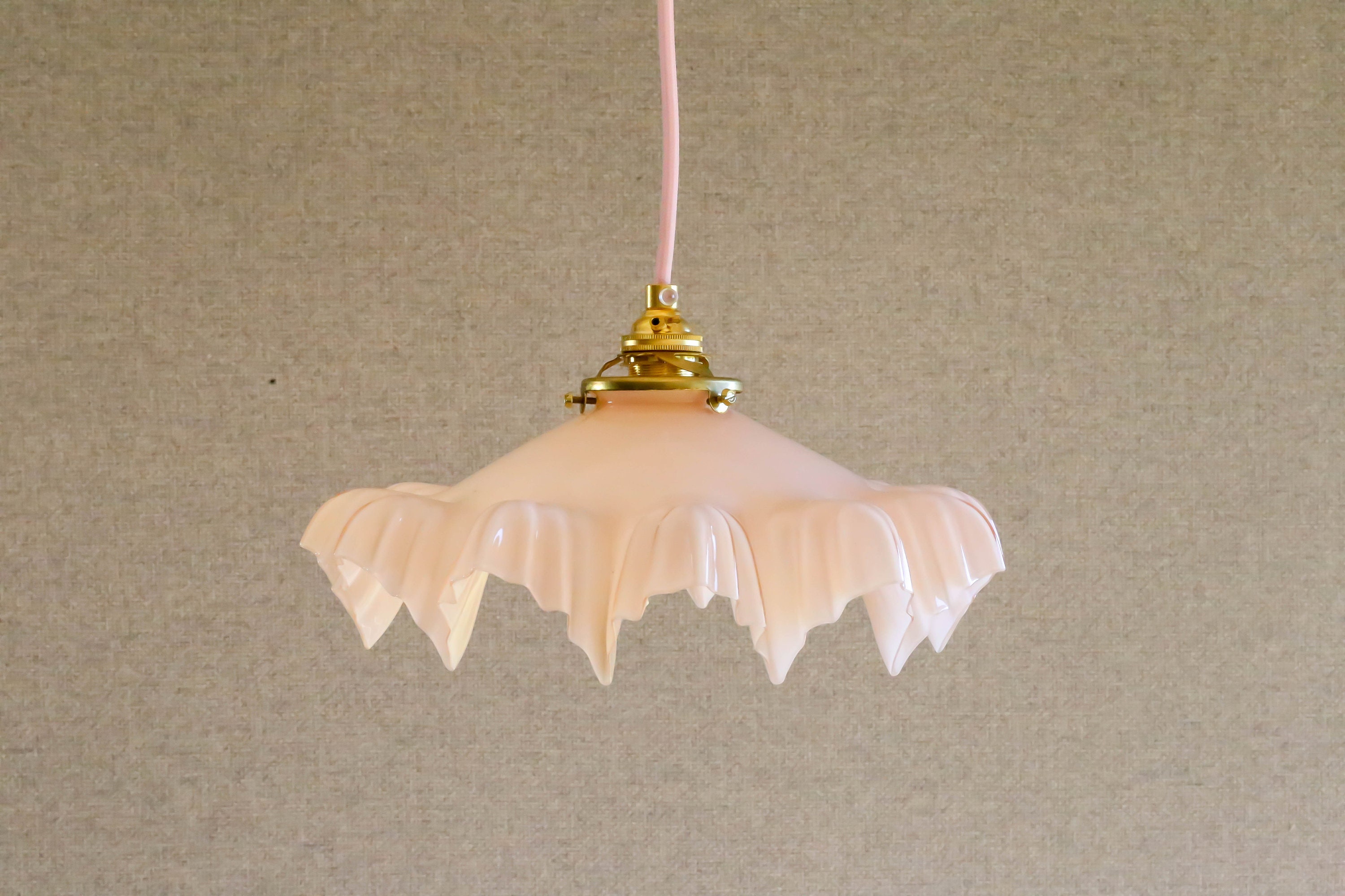 Antique French Ceiling Light in Pale Rose Translucid Glass, Pendant Lamp - Circa 1930