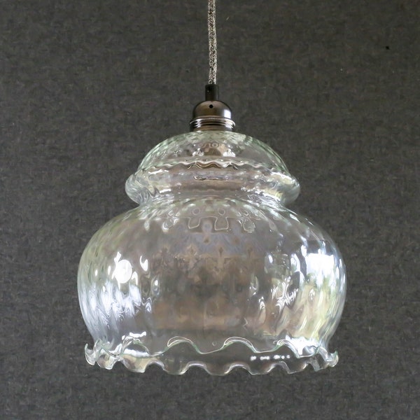 Antique french ceiling light in transparent glass with a grey metal socket, french pendant lamp - circa 1950