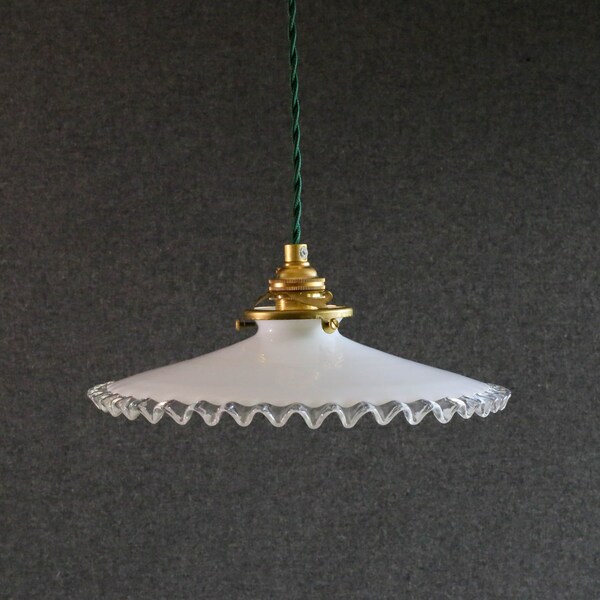 Antique french ceiling light in white glass, french pendant lamp - new brass holder and socket  - new electric cable