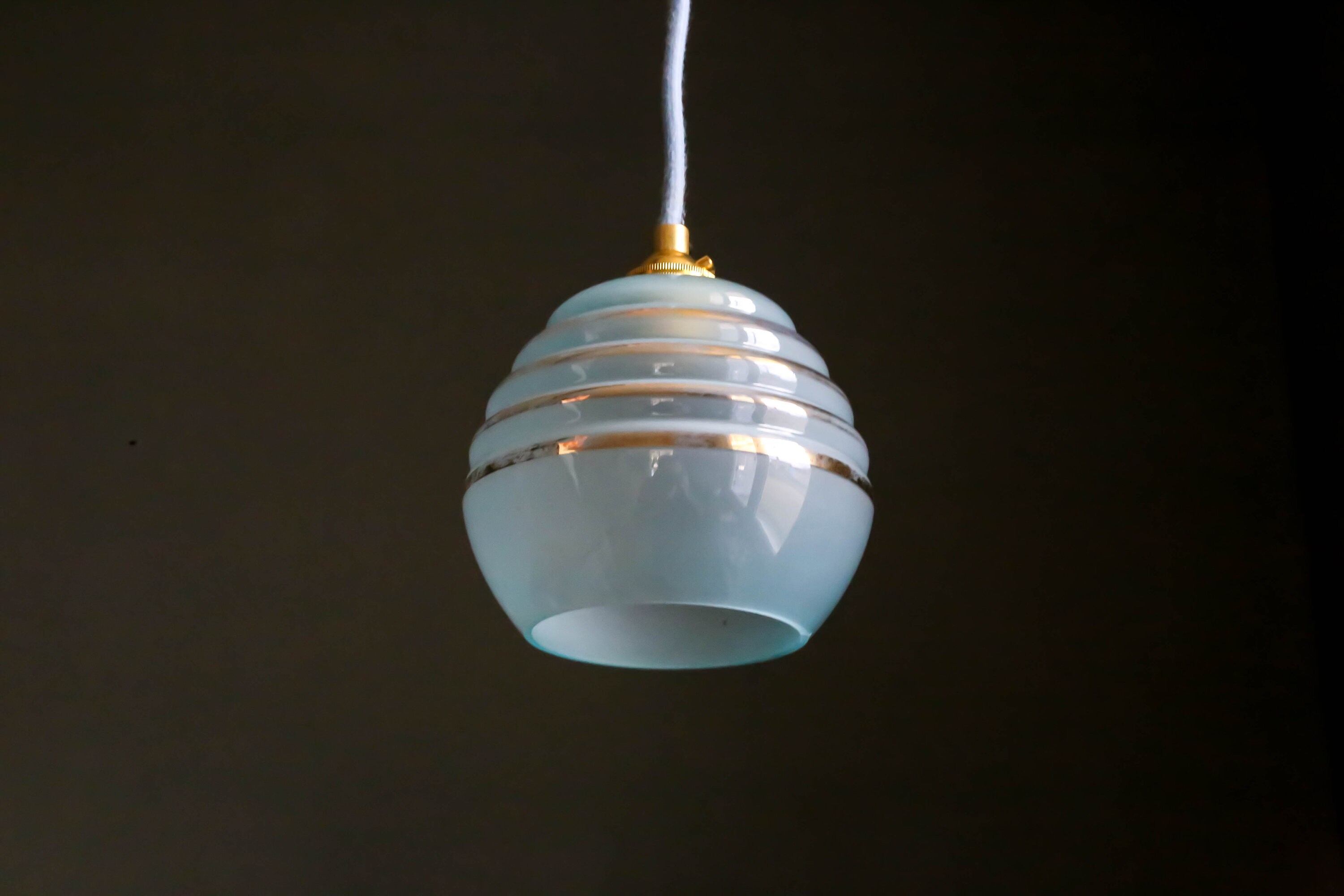 Antique French Ceiling Light in Blue Glass With Golden Nets, Pendant Lamp - Circa 1950