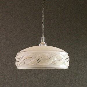 Antique french ceiling light in grey translucid clichy glass, french pendant lamp -moulded decor with silvered nets circa 1950