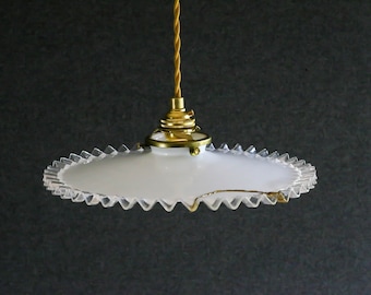 antique french ceiling light in opaline white glass, french pendant lamp -kintsugi repair - art deco design