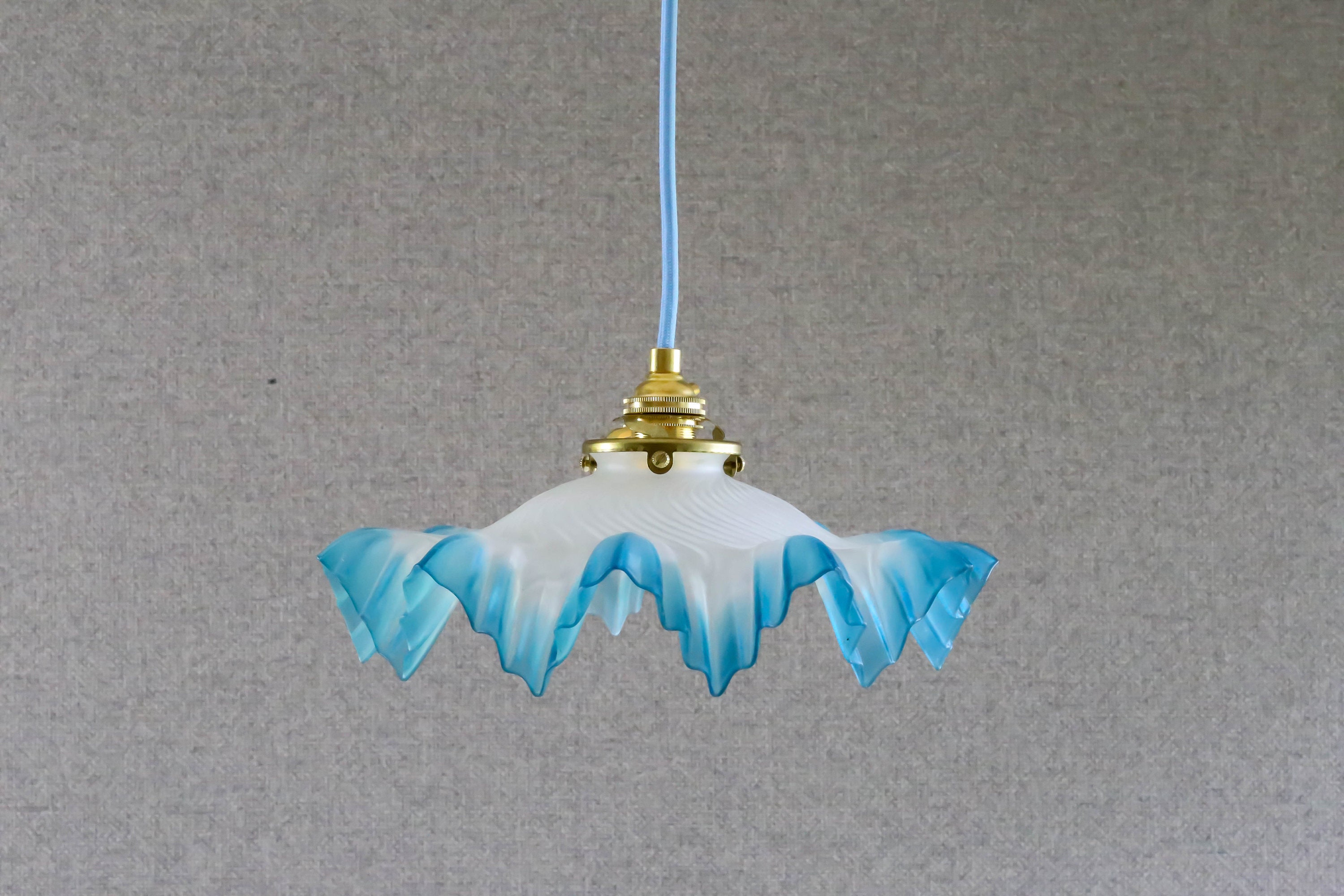 Antique French Ceiling Light in White & Blue Translucid Glass, Pendant Lamp - Circa 1930