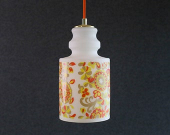 Antique french ceiling light in white glass with a flowered decor, french pendant lamp - circa 1950