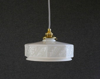 Antique french ceiling light in grey and white opaline glass, french pendant lamp -moulded decor - circa 1950