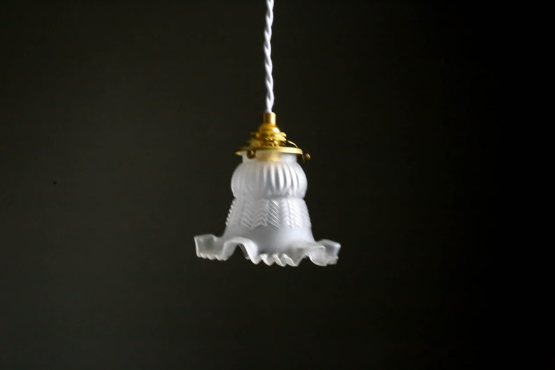 Antique french ceiling light in white transparent glass, french pendant lamp old tulip model art deco design image 3