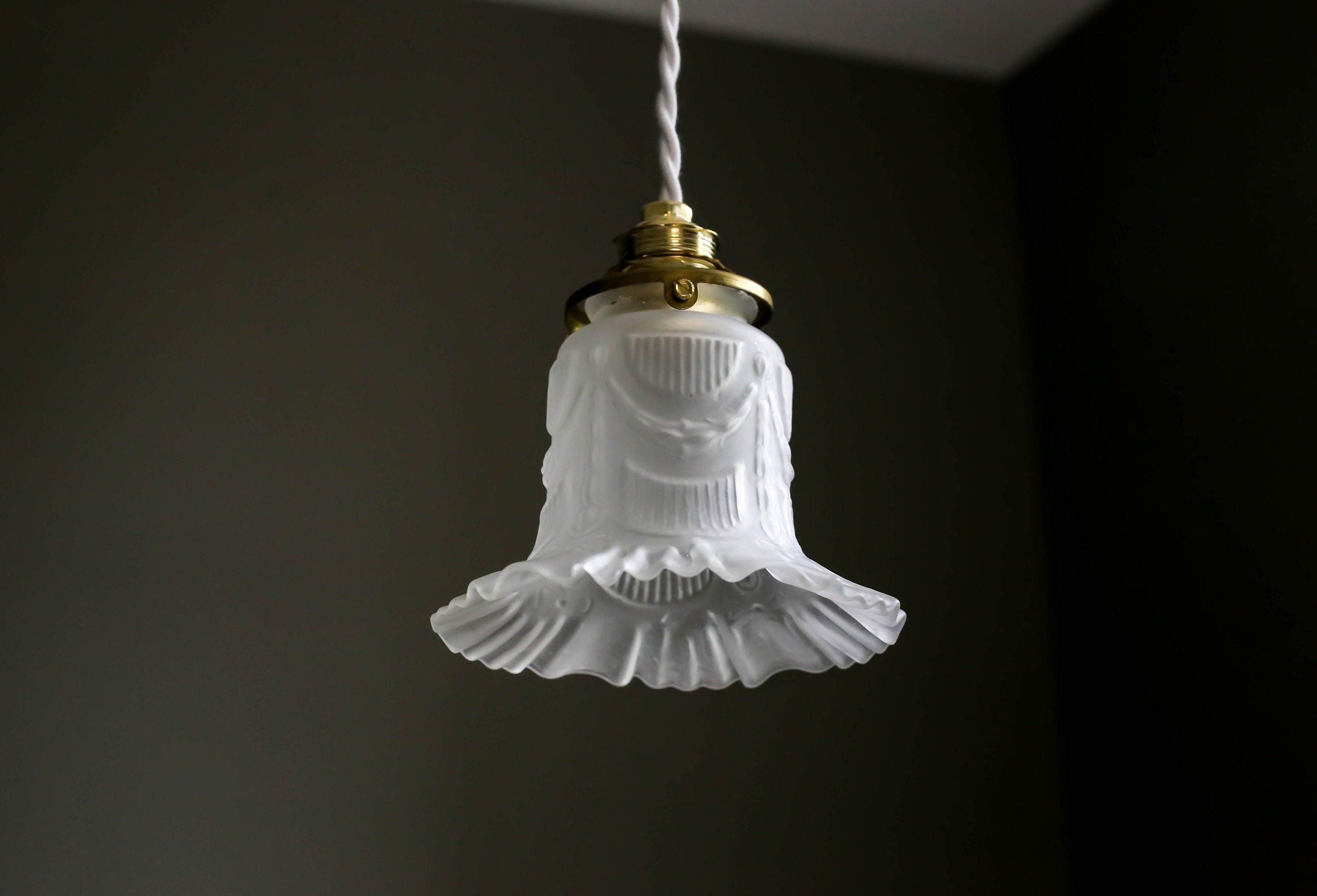 Antique French Ceiling Light in White Transparent Glass, Pendant Lamp - Old Tulip Model- Art Deco De