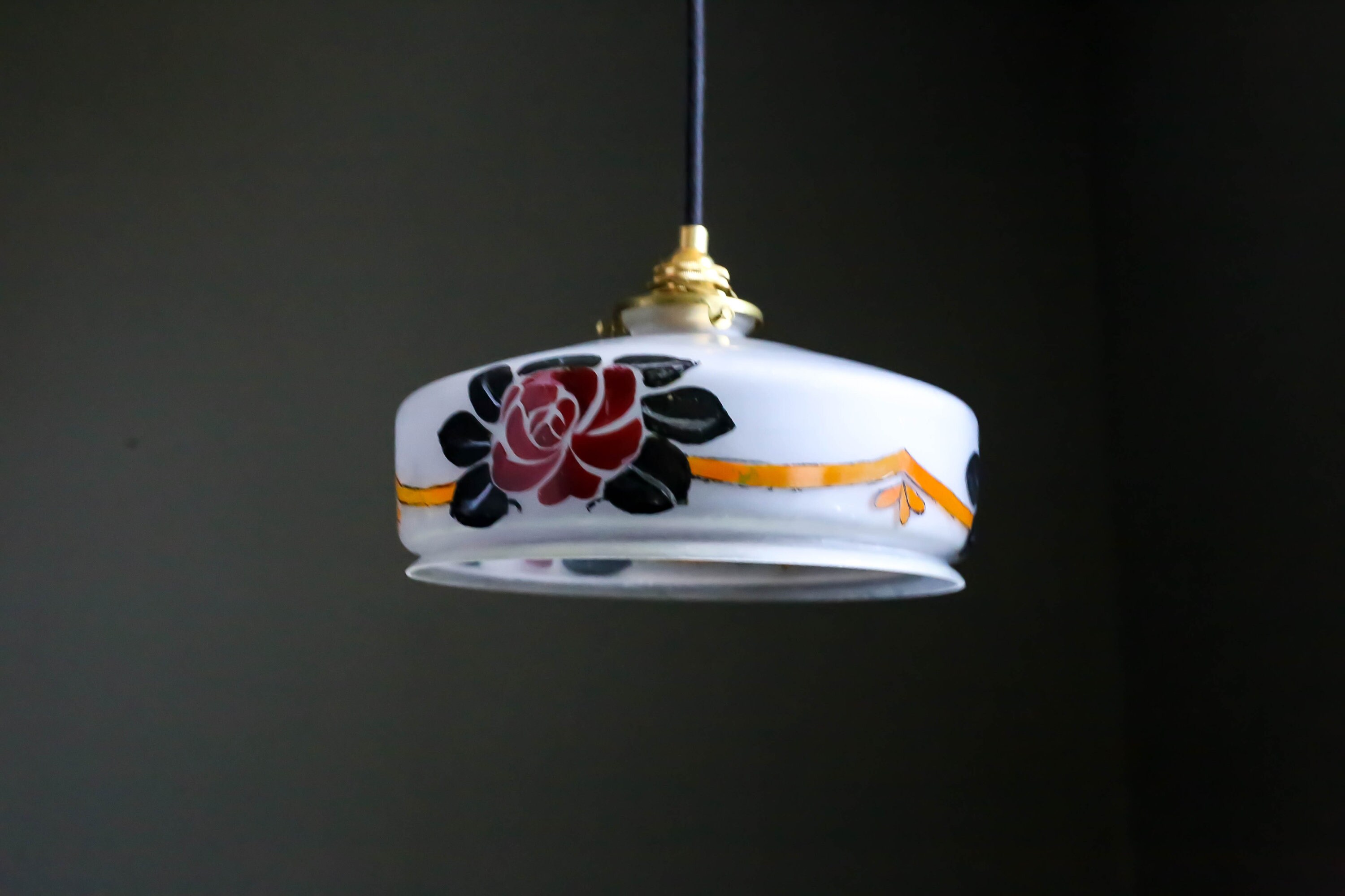 Antique French Ceiling Light in White Translucid Glass, Pendant Lamp - Circa 1930 Handpainted Flower