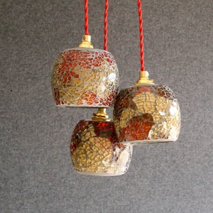A set of 3 vintage french pendant lights in yellow and red crushed glass-circa 1980