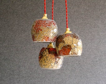 A set of 3 vintage french pendant lights in yellow and red crushed glass-circa 1980