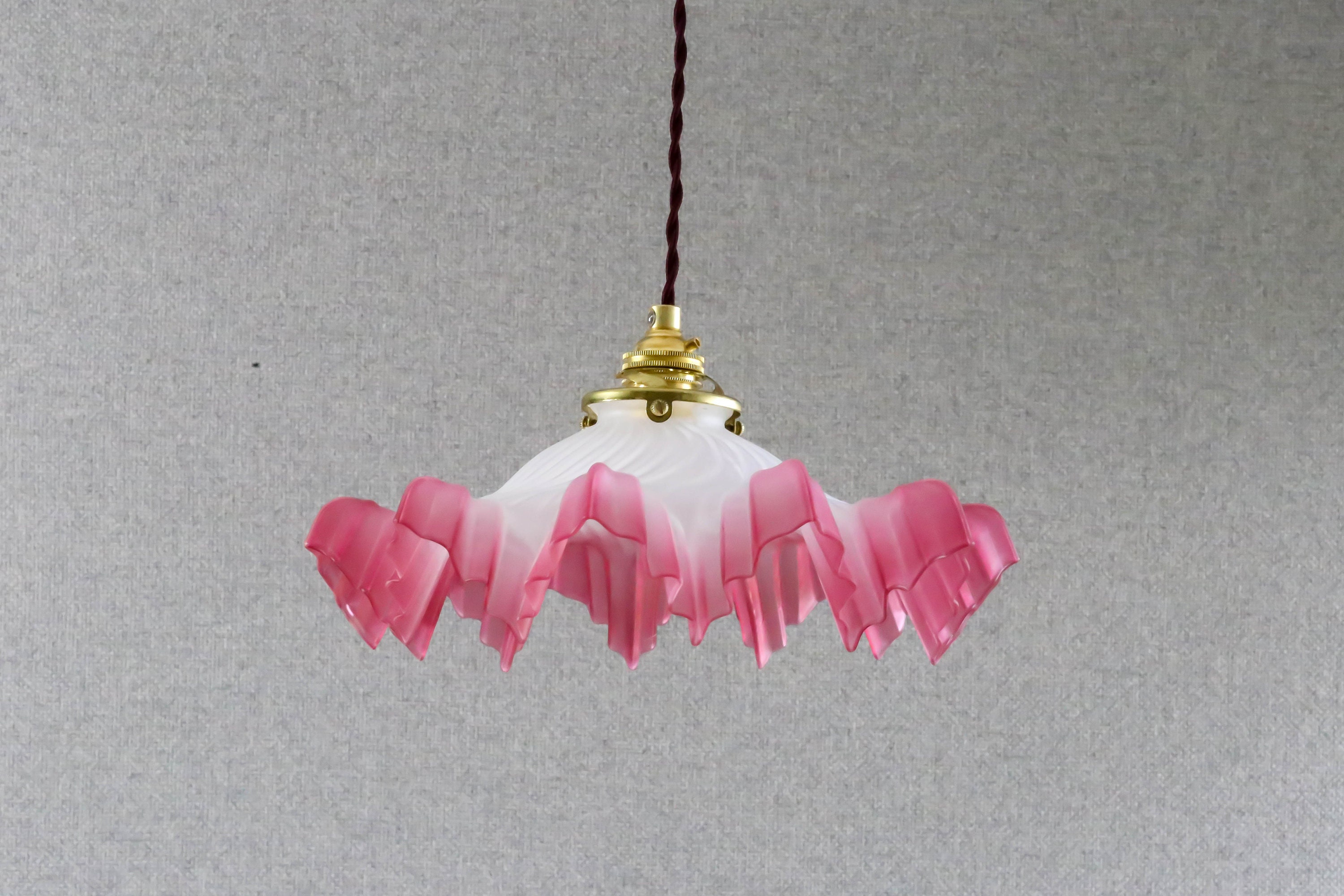 Antique French Ceiling Light in White & Rose Translucid Glass, Pendant Lamp - Circa 1930