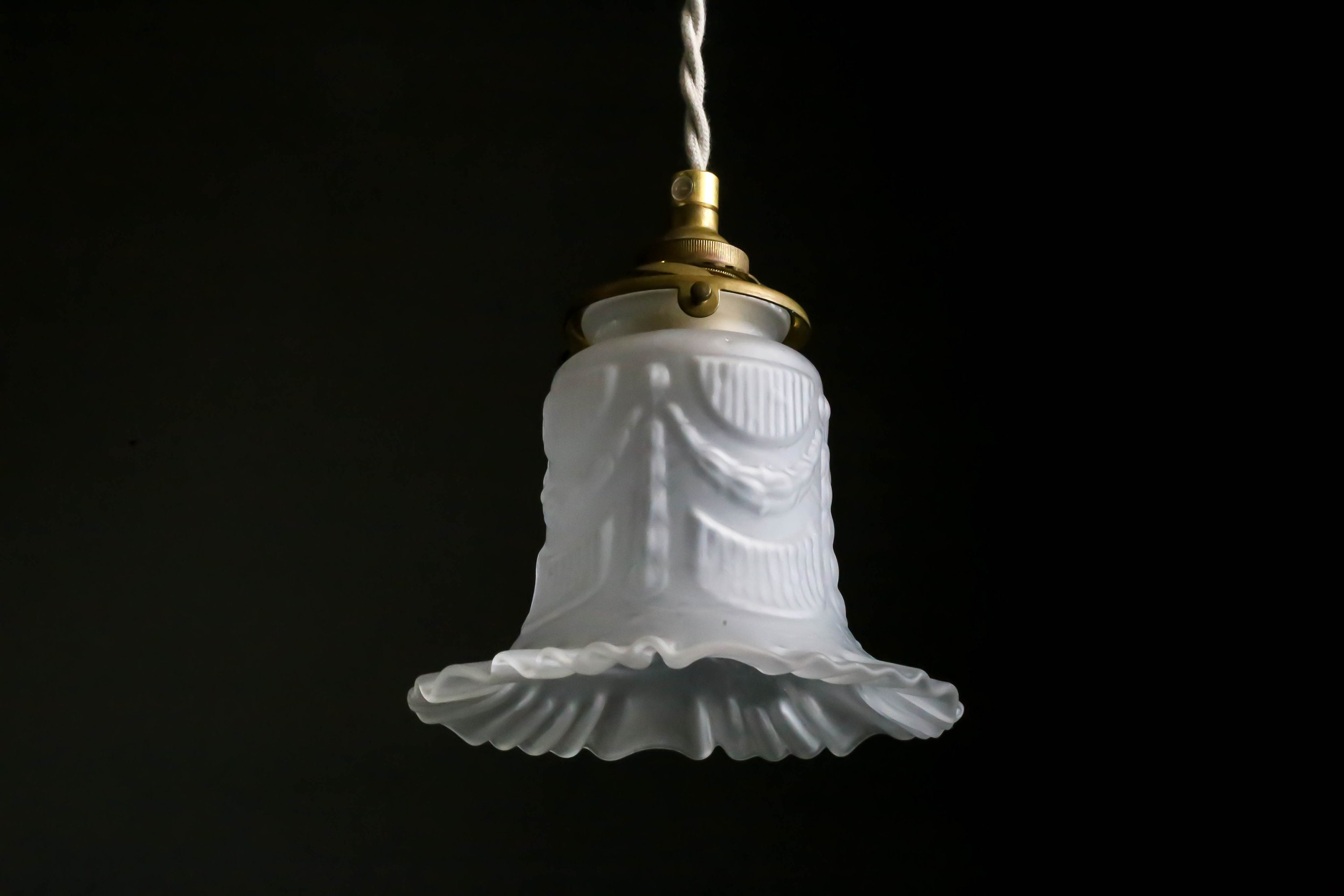 Antique French Ceiling Light in White Transparent Glass, Pendant Lamp - Old Tulip Model- Art Deco De