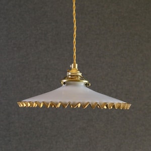 Antique french ceiling light in white and gold painted glass, french pendant lamp - new brass holder and socket  - new electric cable