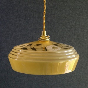 Antique french ceiling light in grey and white opaline glass, french pendant lamp -moulded decor - circa 1950