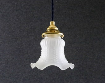 Antique french ceiling light in white transparent glass, french pendant lamp - old tulip model- art deco design