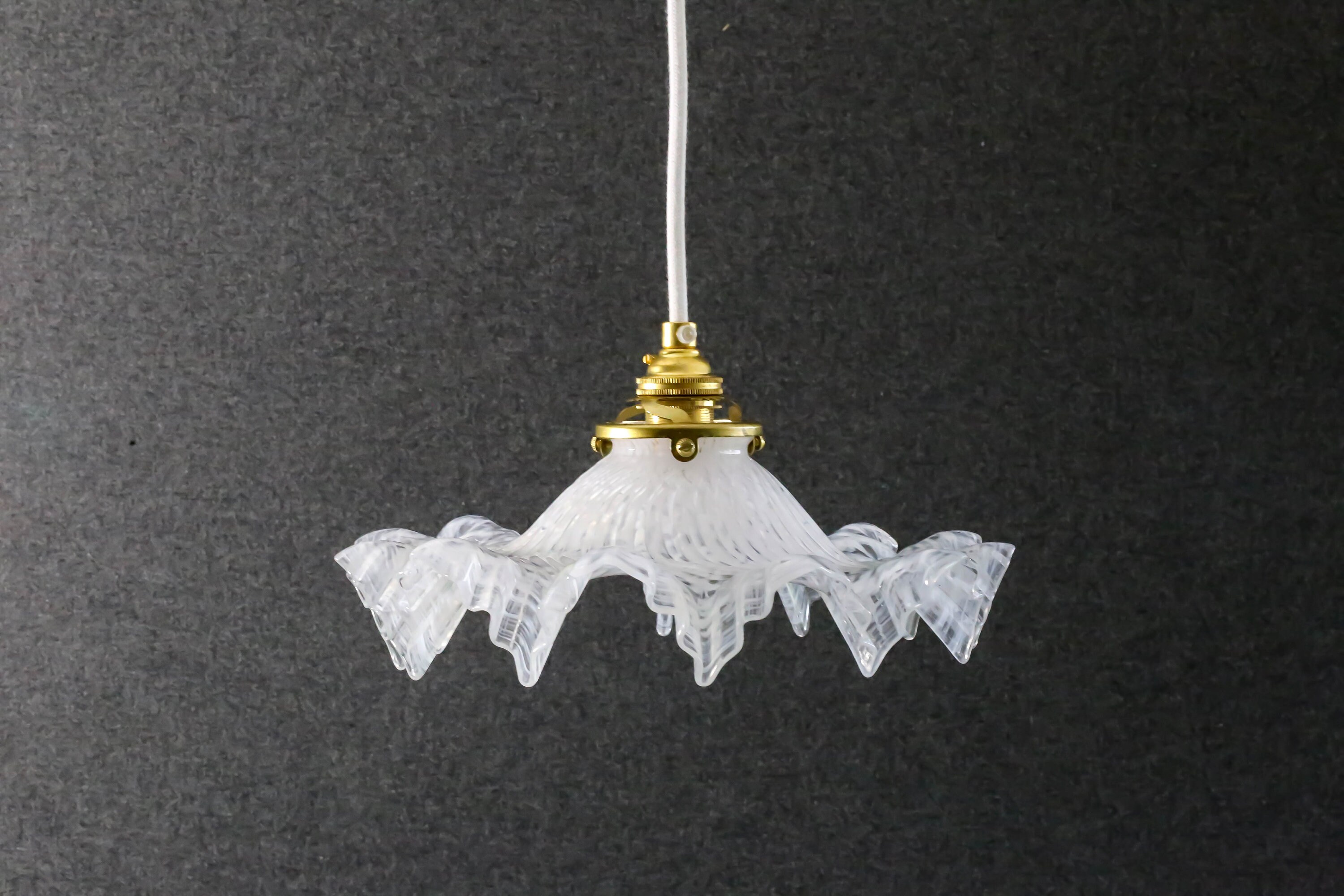 Antique French Ceiling Light in White Translucid Clichy Glass, Pendant Lamp - Circa 1930