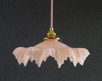 Antique french ceiling light in pale rose translucid clichy glass, french pendant lamp - circa 1930