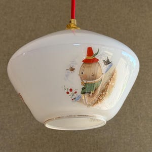 Antique French pendant lamp in white glass, french pendant lamp with old childhood characters - circa 1950