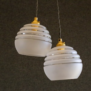 A set of two antique french ceiling lights in translucid glass, french pendant lamp - old round model- art deco design